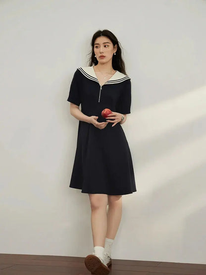 Chic Navy Contrast Zip Dress - Loran