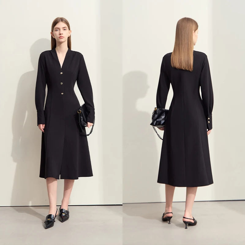 Amii Minimalism 2025 Women Dresses Autumn New Elegant V-neck Buckle Waist Fashion Office Lady Slim Long Dress Female 12443046 Loran