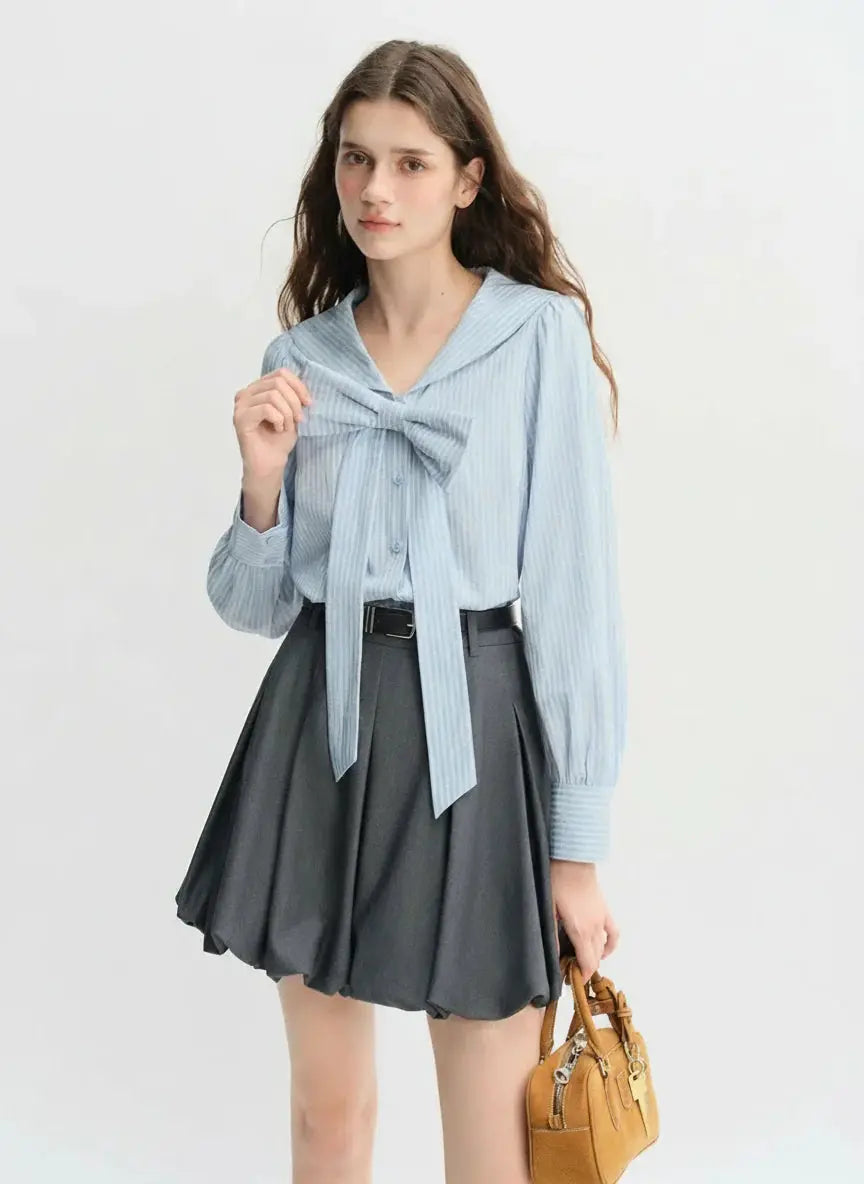 Plus Size Navy Striped Shirt with Collar & Bow Detail - Loran