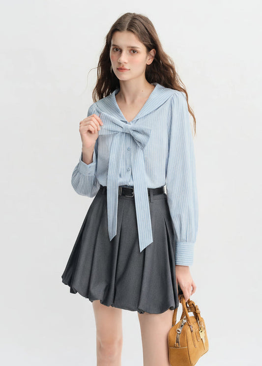 Plus Size Navy Striped Shirt Dress with Bow Autumn Style Loran