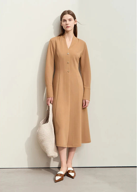 Amii Minimalism 2025 Women Dresses Autumn New Elegant V-neck Buckle Waist Fashion Office Lady Slim Long Dress Female 12443046 Loran