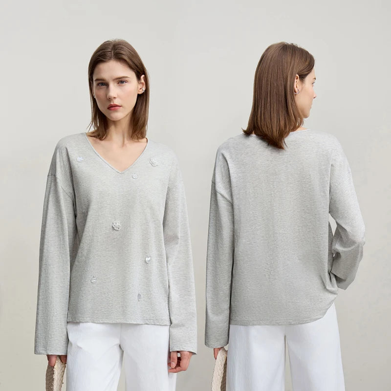 Amii Women's Long Sleeve Top 2026 Spring New V-neck Loose T-shirt Women's Cotton Knitted Tees Pullover Versatile Top 12641011 Loran