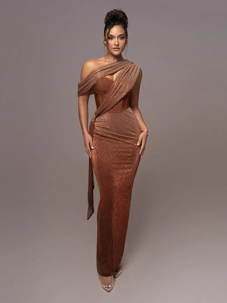 Sparkling One-Shoulder Draped Corset Maxi Dress