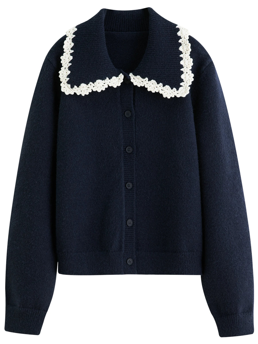 Embroidered Knit Cardigan with Lace Trim and Collar