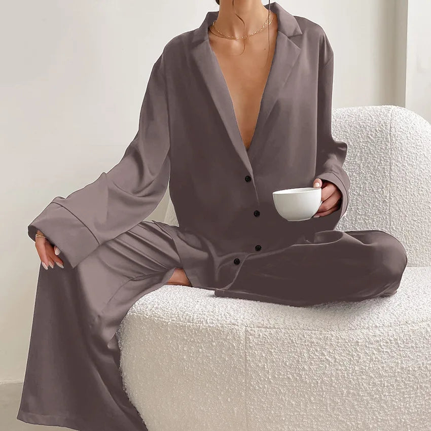 Oversized Satin Silk Pajama Set: Long Sleeve & Wide Leg Pants Loran