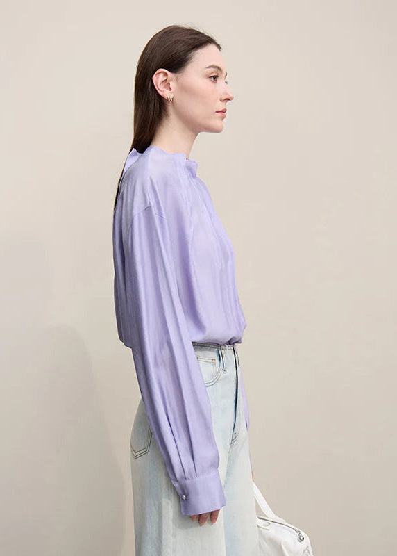 Amii Women Shirt 2026 Spring New Elegant Commuter Pleated Chiffon Shirt Women's Stand Collar Drop Shoulder-sleeved Top 12641074 Loran