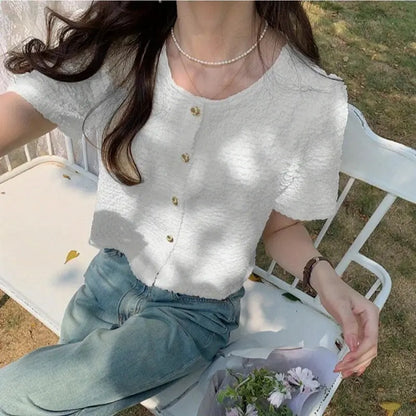 Chic White Summer Blouse - Sweet O-Neck Style - Loran