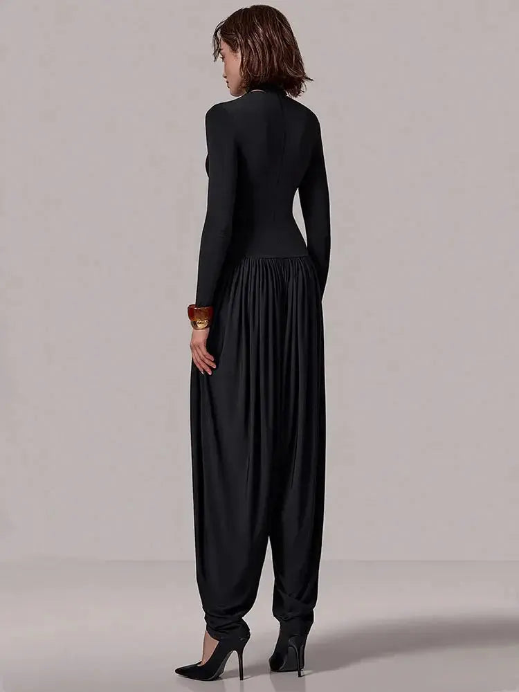 Slim-Fit Patchwork Jumpsuit with Draped Long Sleeves - Loran