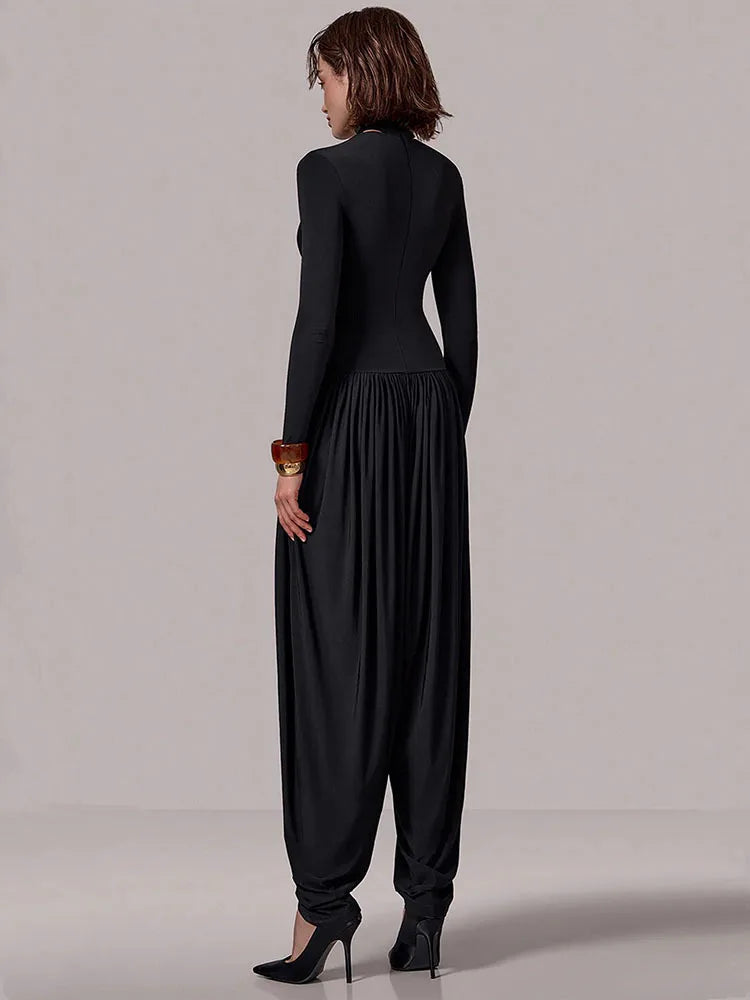 Sexy Slim-Fit Patchwork Jumpsuit with Draped Long Sleeves