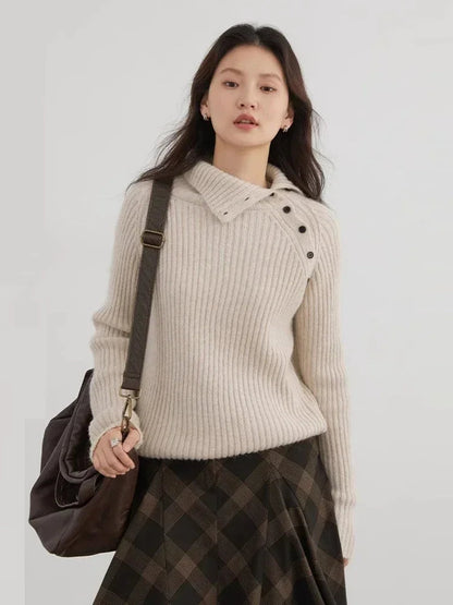 Slanted Collar Knit Sweater Loose Autumn Jumper Loran