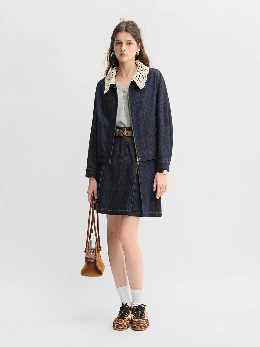 Handmade Sweet Crochet Collar Denim Jacket