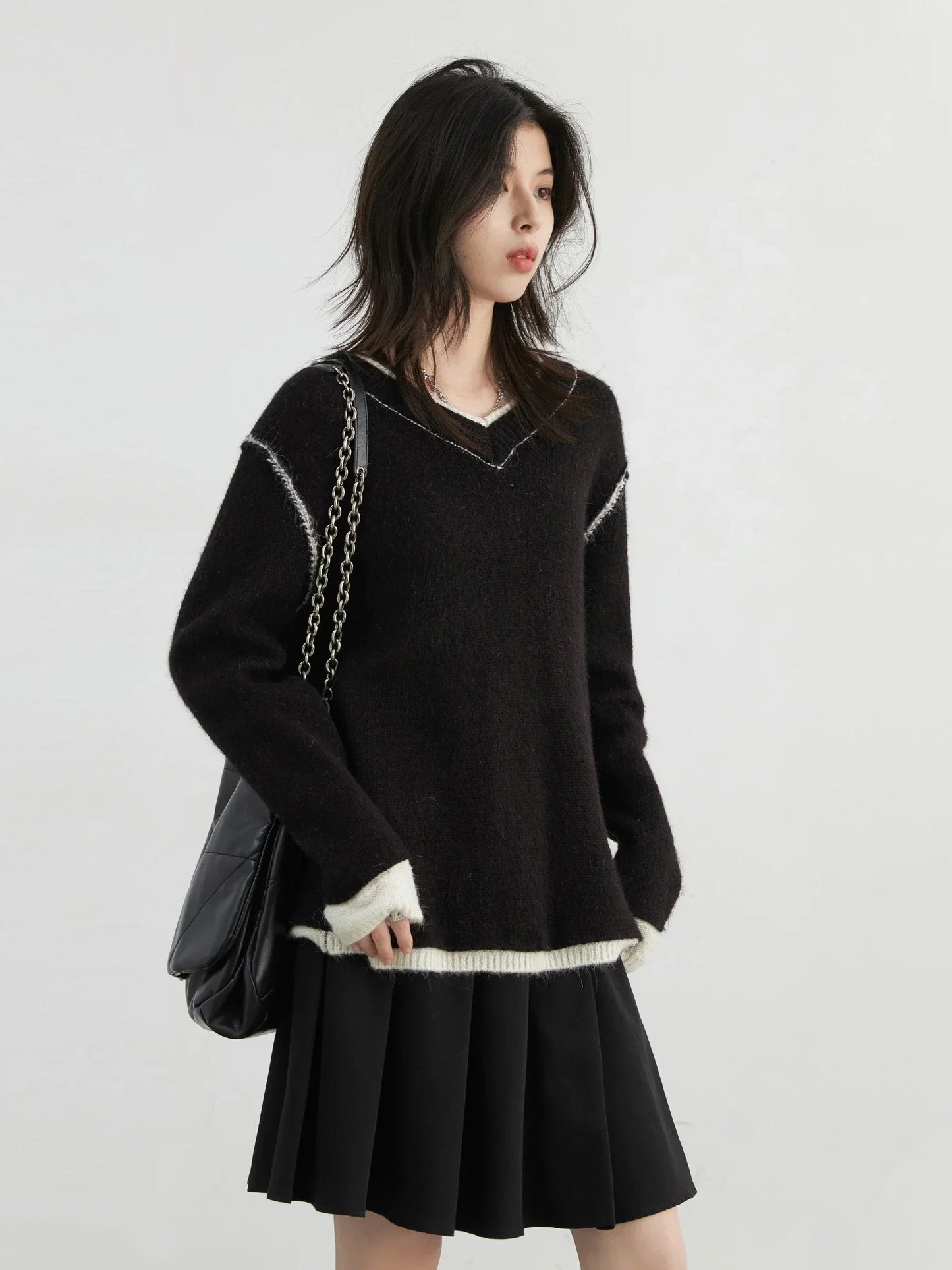 CHIC VEN Women Sweaters Long Sleeves Loose Pullovers Korean Color Block V-neck Patchwork Female Knitted Top Autumn Winter 2024 Loran