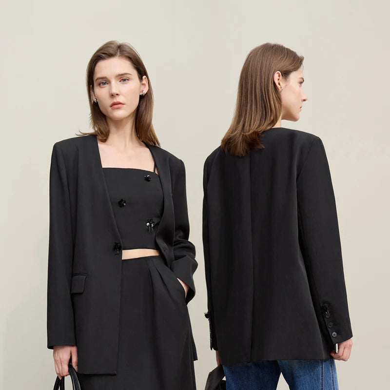 Amii Women's Jacket 2026 Spring New Bead Sheet Flower V-Neck Women's Blazer Straight Elegant Shoulder Pad Blazers Top 12621026 Loran