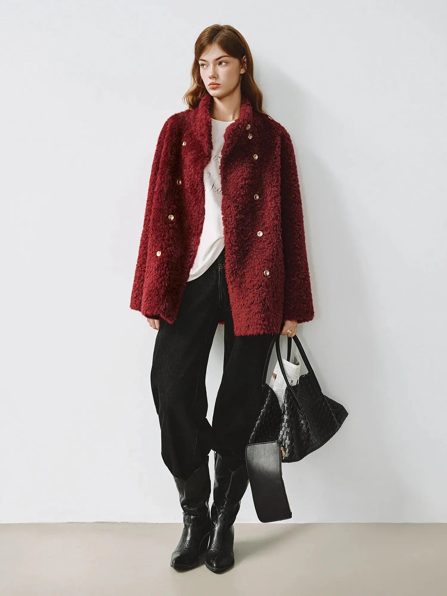 Plus Size Burgundy Faux Fur Coat