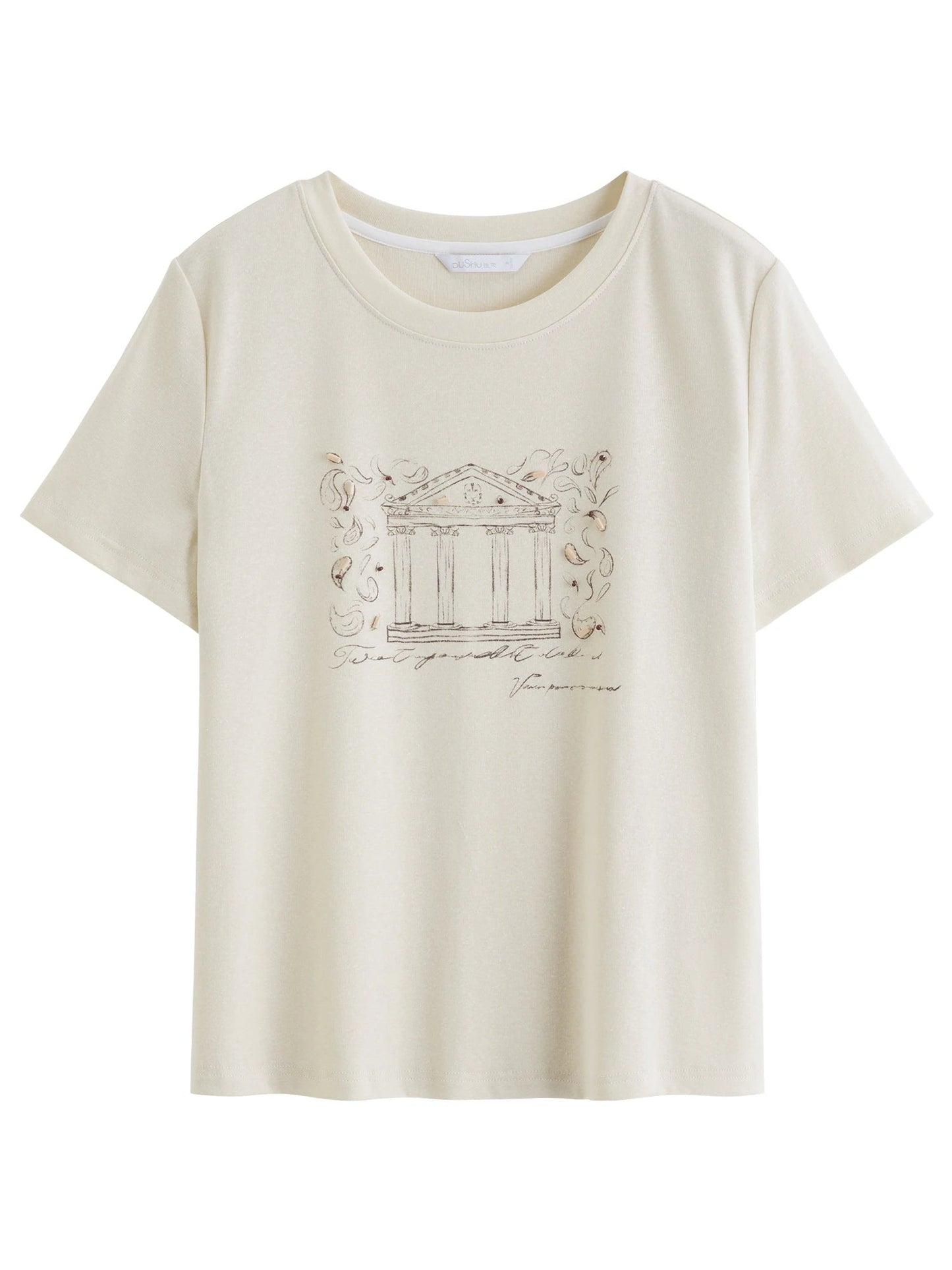 Vintage Beaded T-Shirt Casual Round Neck Top Loran