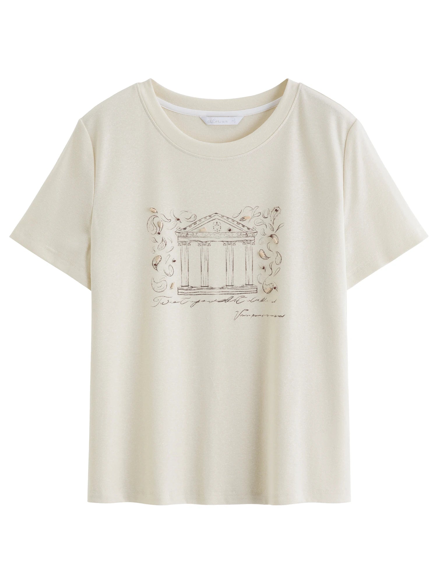 Vintage Beaded T-Shirt Casual Round Neck Top Loran