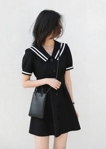 CHIC VEN Korean Women Dresses Black Short Sleeve Navy Collar Dress for Woman Office Lady Female Party College Summer 2025 Loran