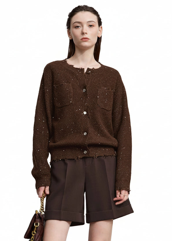 AMII Women's Sweater 2025 Autumn New Elegant Solid Knitted Cardigan Women's Round Neck Long Sleeves Versatile Top Female12513009 Loran