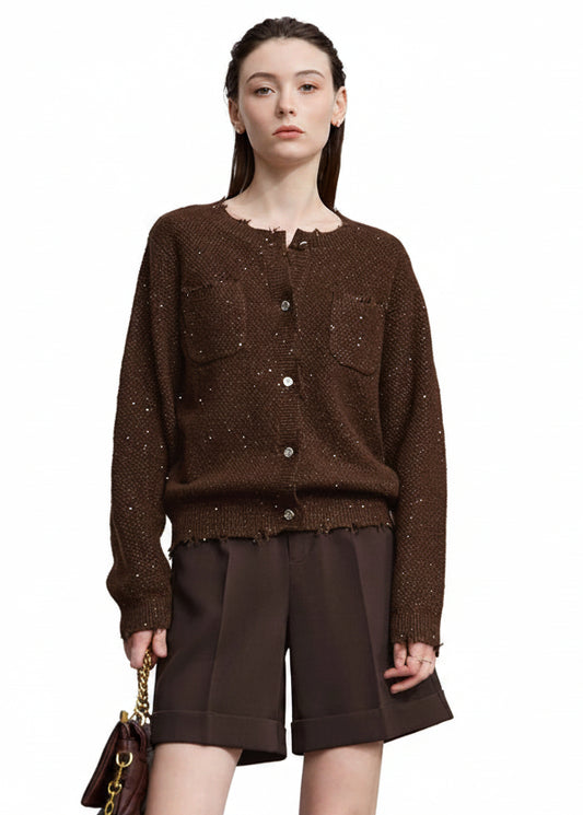 AMII Women's Sweater 2025 Autumn New Elegant Solid Knitted Cardigan Women's Round Neck Long Sleeves Versatile Top Female12513009 Loran