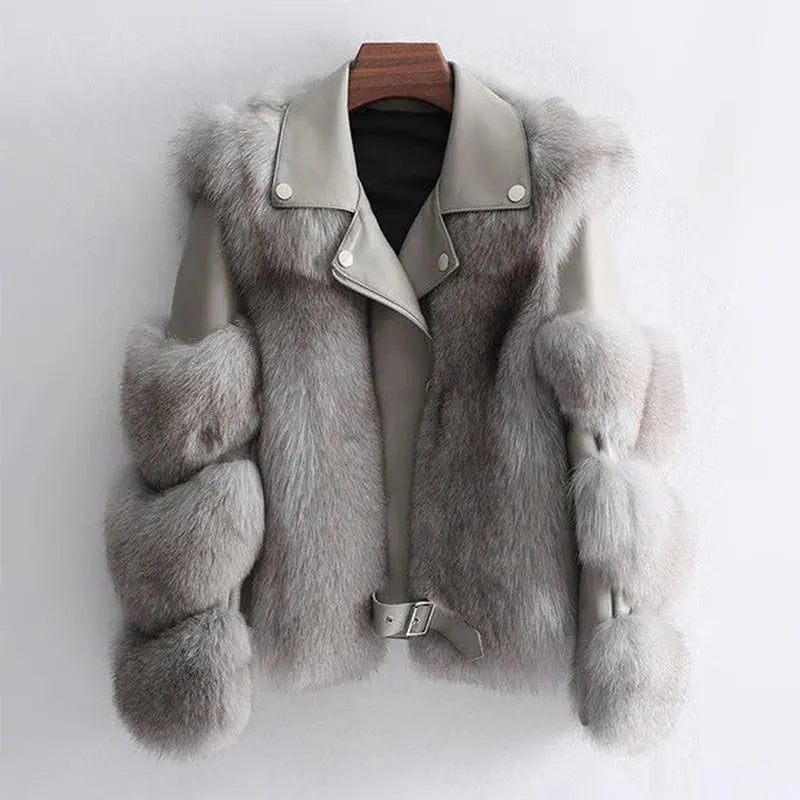 Faux Fur Jacket Patchwork Long Sleeve Pu Leather Fluffy - Loran