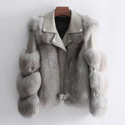 Faux Fur Jacket Patchwork Long Sleeve Pu Leather Fluffy - Loran