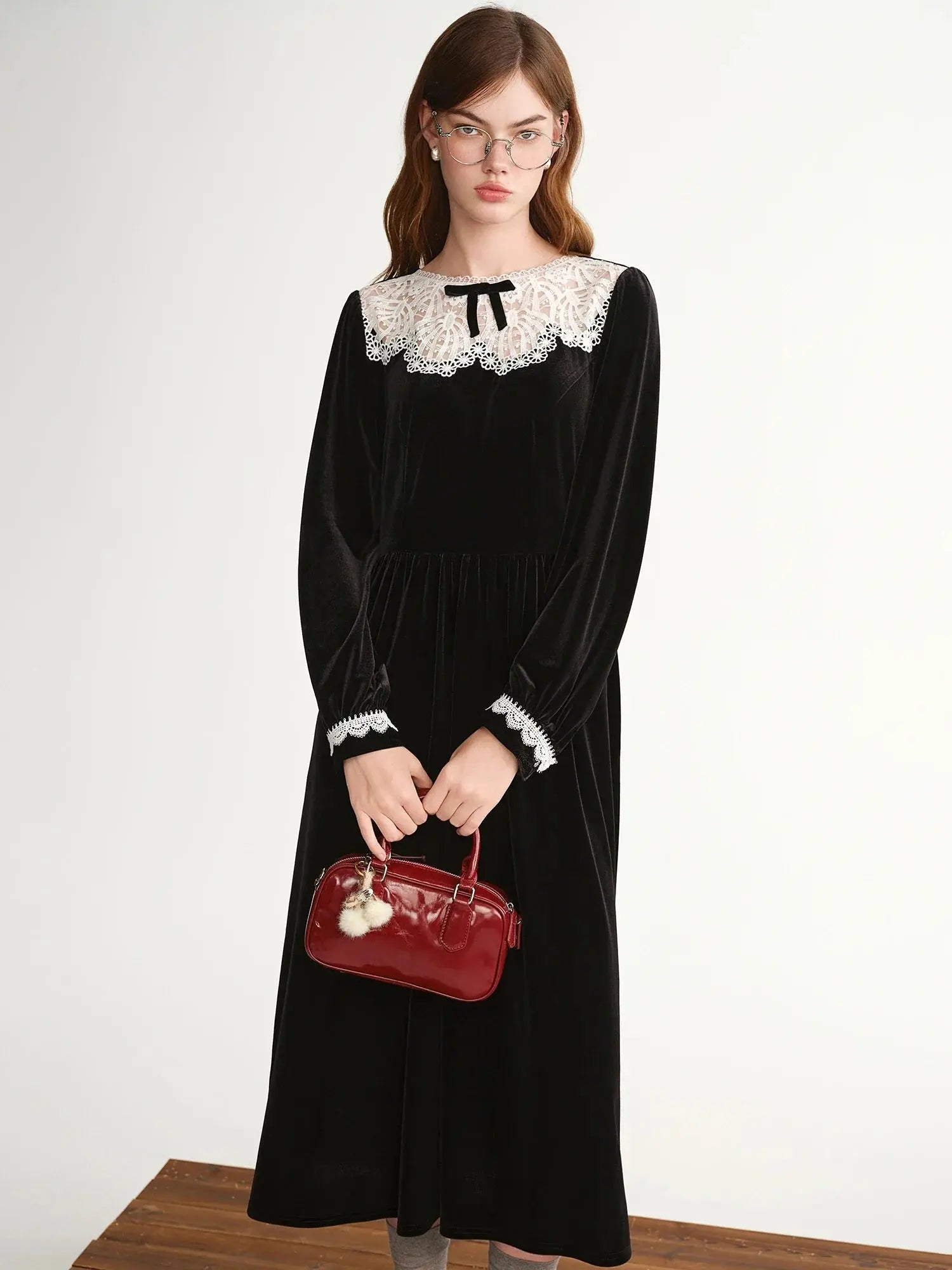 Velvet Evening Gown with Scalloped Lace Trim LORAN STORE