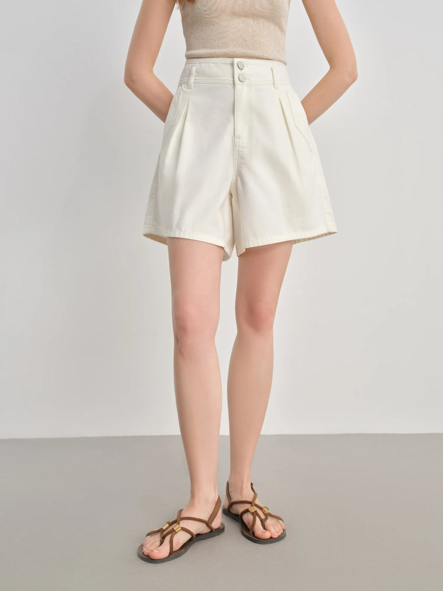 Plus Size High-Waist Pleated Denim Shorts