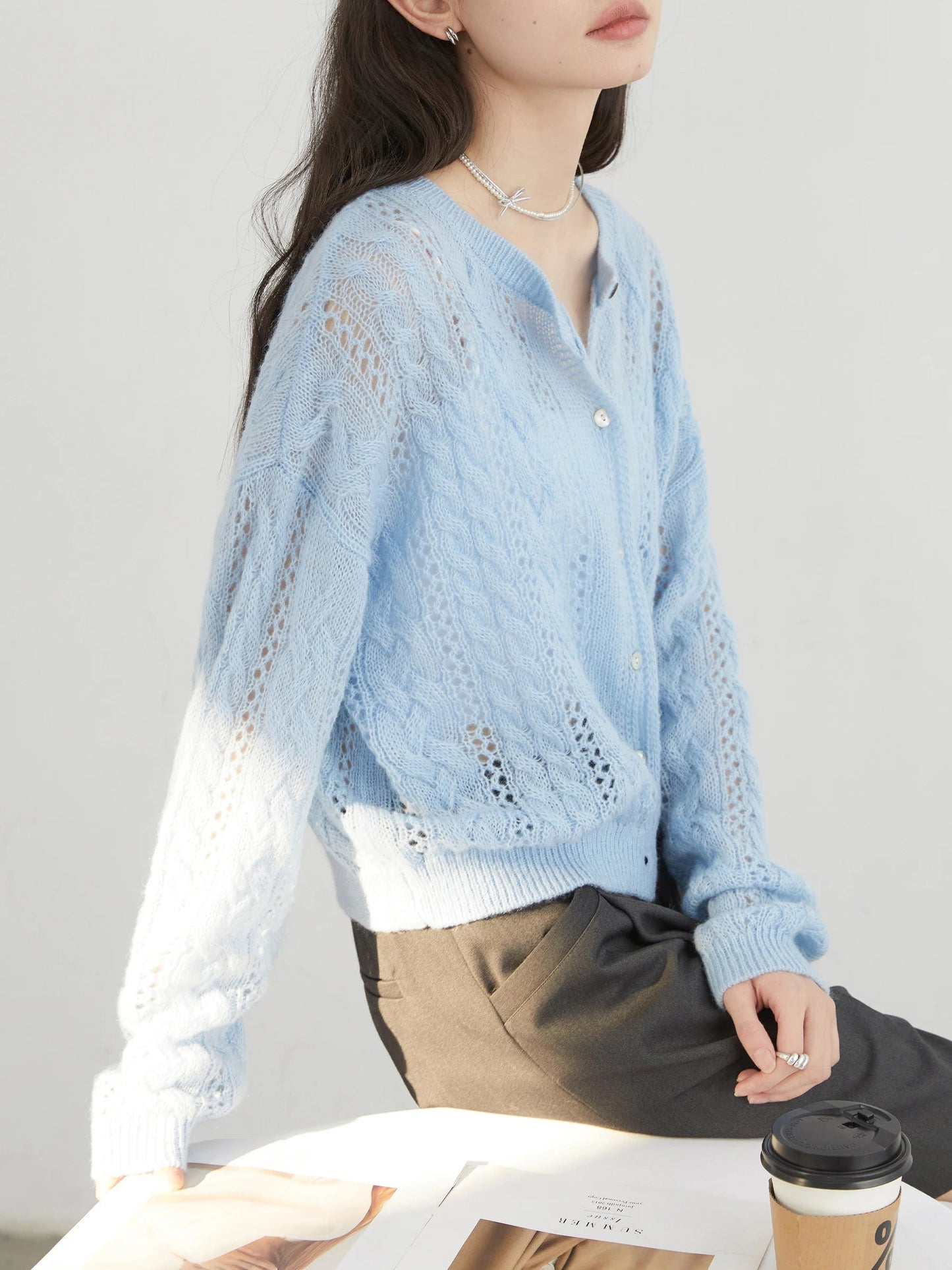 Mohair Hollow Knit Cardigan Loose Casual Short Jumper Loran