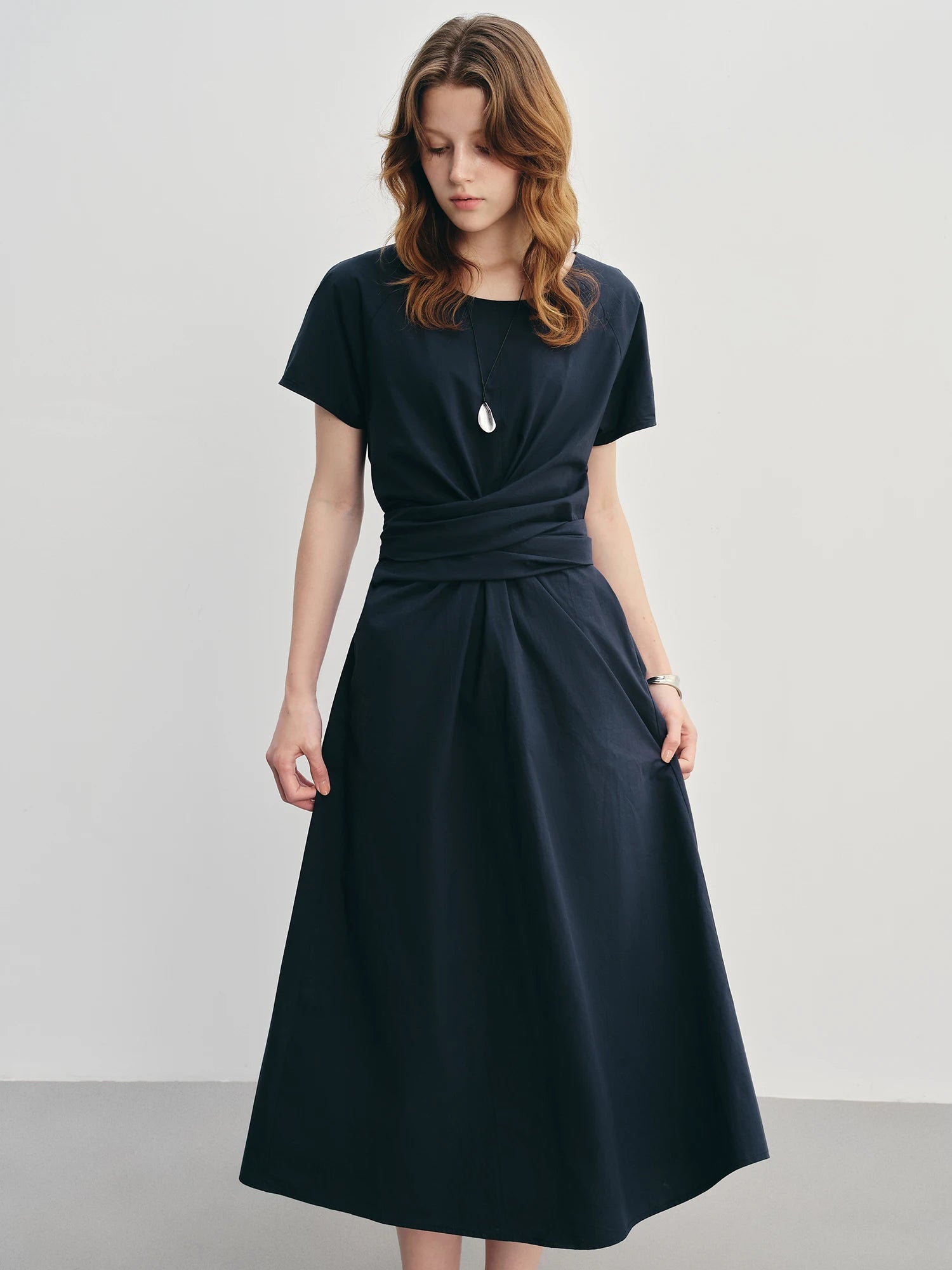 High-Waisted Pleated Midi Dress Summer Slimming Fit Loran