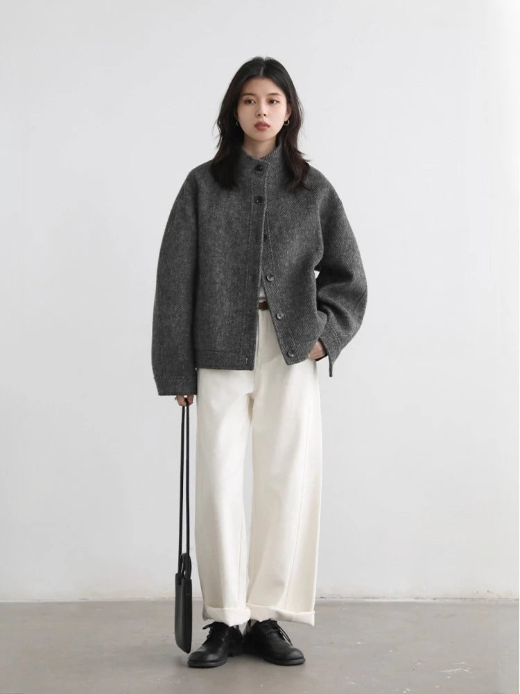 Retro Short Woolen Coat Stand-Up Collar Winter Jacket Loran