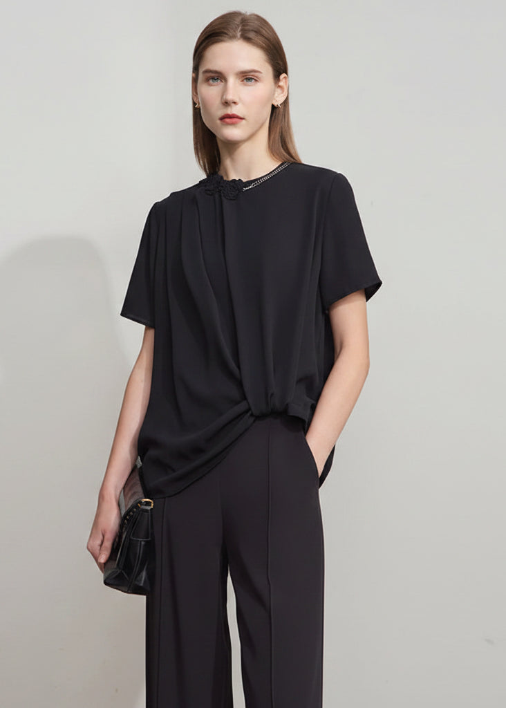Amii Minimalist Premium Chiffon Shirt Women 2025 Summer Round neck Office Lady flower Chain Ruffles Solid color Blouse 12542251 Loran