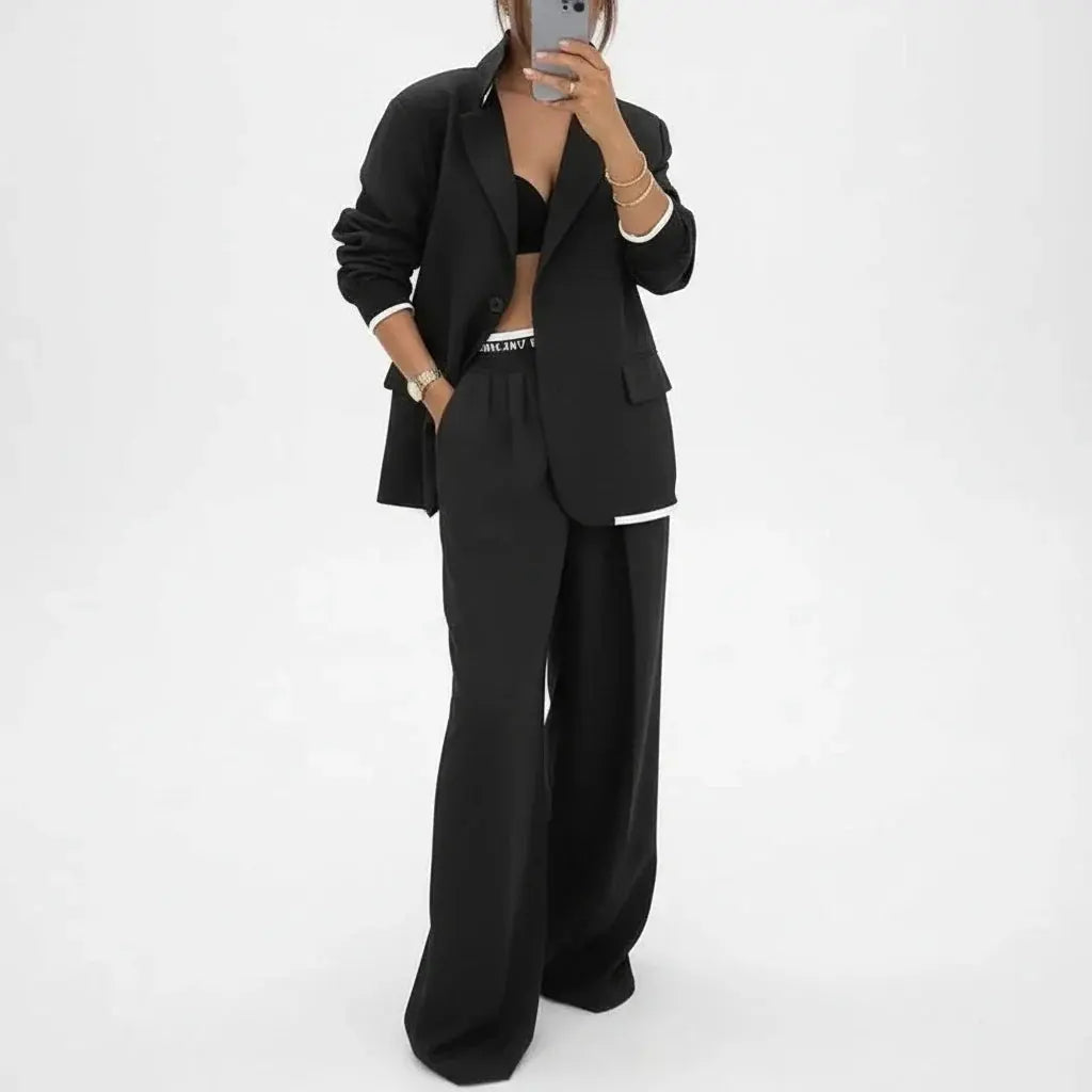 The Power Set: Solid Button Blazer and Straight-Leg Pant Suit - Loran
