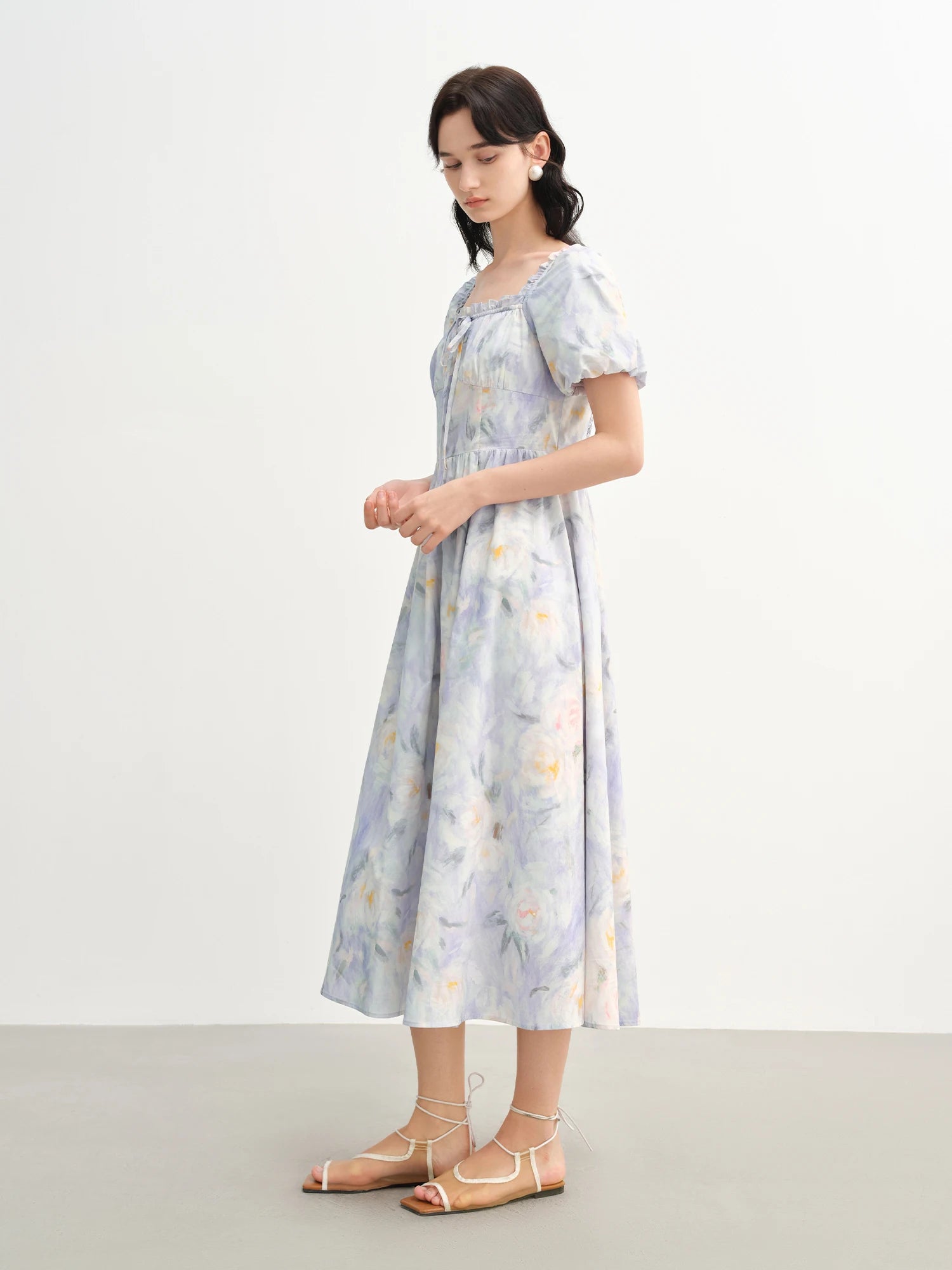 French Romantic Painting Summer Dress Sweet Waist Midi