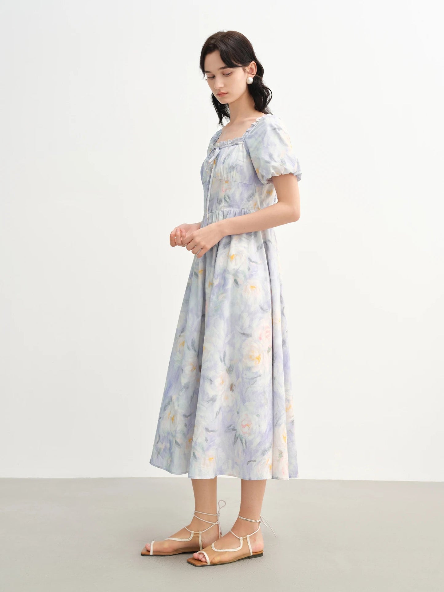 French Romantic Painting Summer Dress Sweet Waist Midi Loran