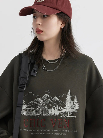 Retro Letter-Embroidered Oversized Sweatshirt - Loran