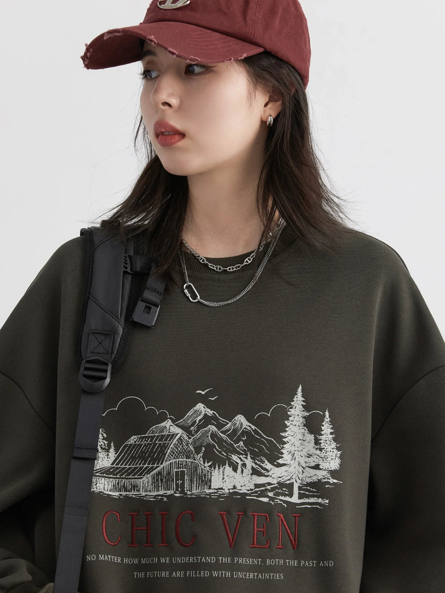 Retro Letter-Embroidered Oversized Sweatshirt