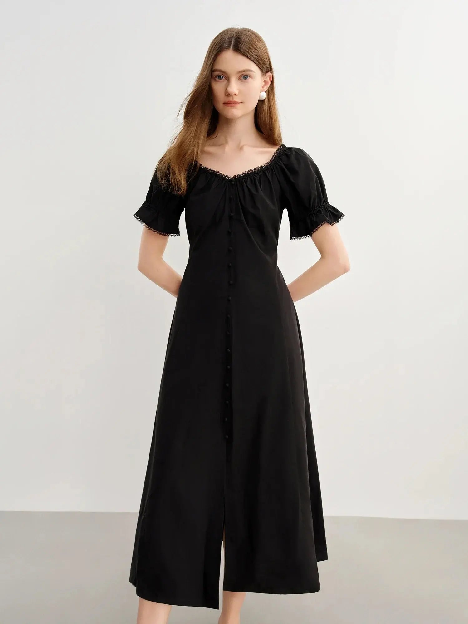 Elegant French Style Plus Size Summer Dress with Lace Collar - Loran