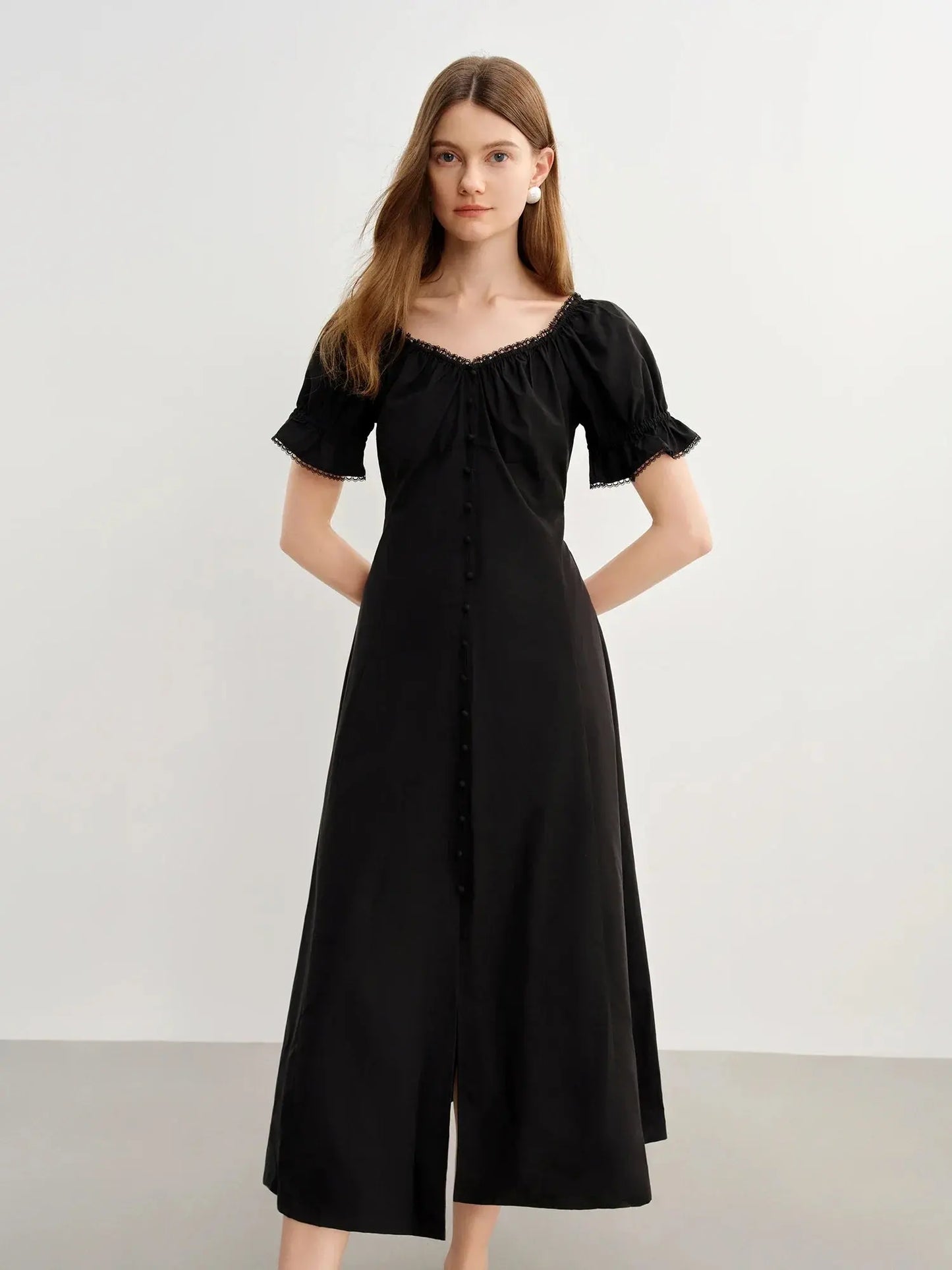 Elegant French Style Plus Size Summer Dress with Lace Collar - Loran
