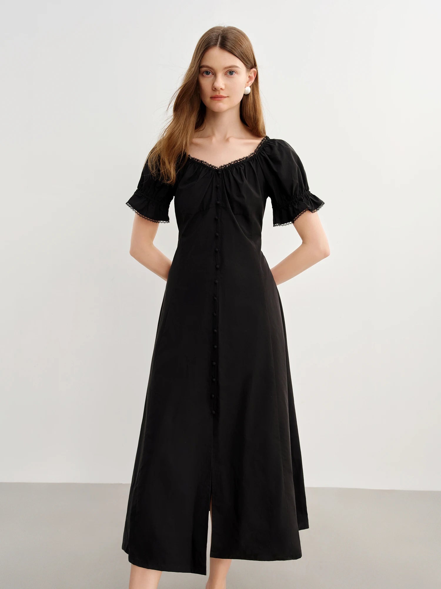 French Style Plus Size Lace Collar Dress Summer Puff Sleeve Loran