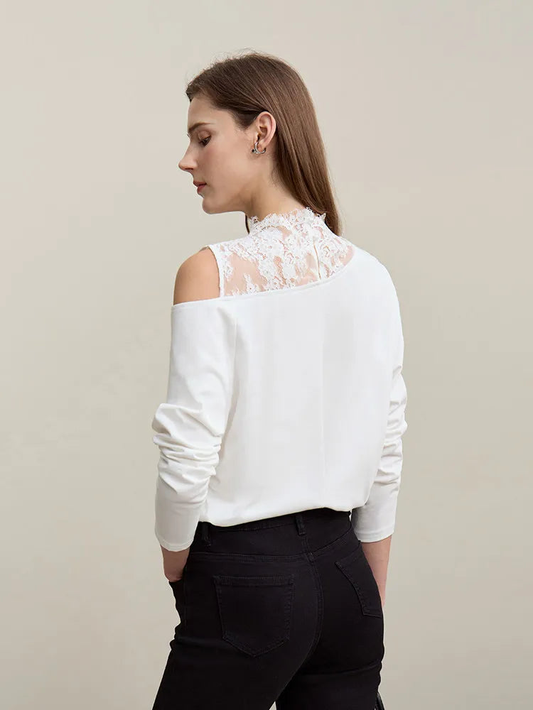 Amii Long Sleeve T-shirt 2026 Spring New Elegant Commuter Cotton Lace T-shirt Loose Off-the-shoulder Casual Women's Top 12641026 Loran