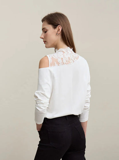 Amii Long Sleeve T-shirt 2026 Spring New Elegant Commuter Cotton Lace T-shirt Loose Off-the-shoulder Casual Women's Top 12641026 Loran