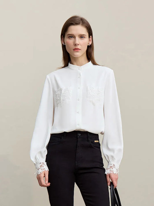 Amii Women's Blouse 2026 Spring New Elegant Commuter Stand-up Collar Chiffon Shirt Lace Pocket Women's Solid Loose Top 12641124 Loran