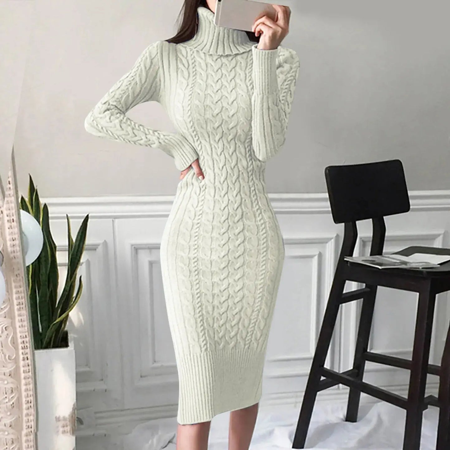 Warm Knitted Bodycon Turtleneck Dress for Autumn/Winter - Loran