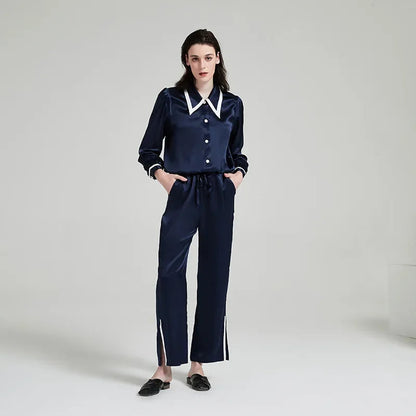 Contrast Silk Pajama Set Long-Sleeve Women's Sleepwear Loran