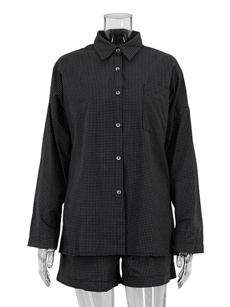 3-Piece Gray Plaid Cotton Lounge Set Loose Summer Outfit Loran