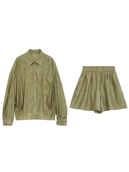 Relaxed Lapel Shirt & Shorts Set: Perfect Autumn Print - Loran