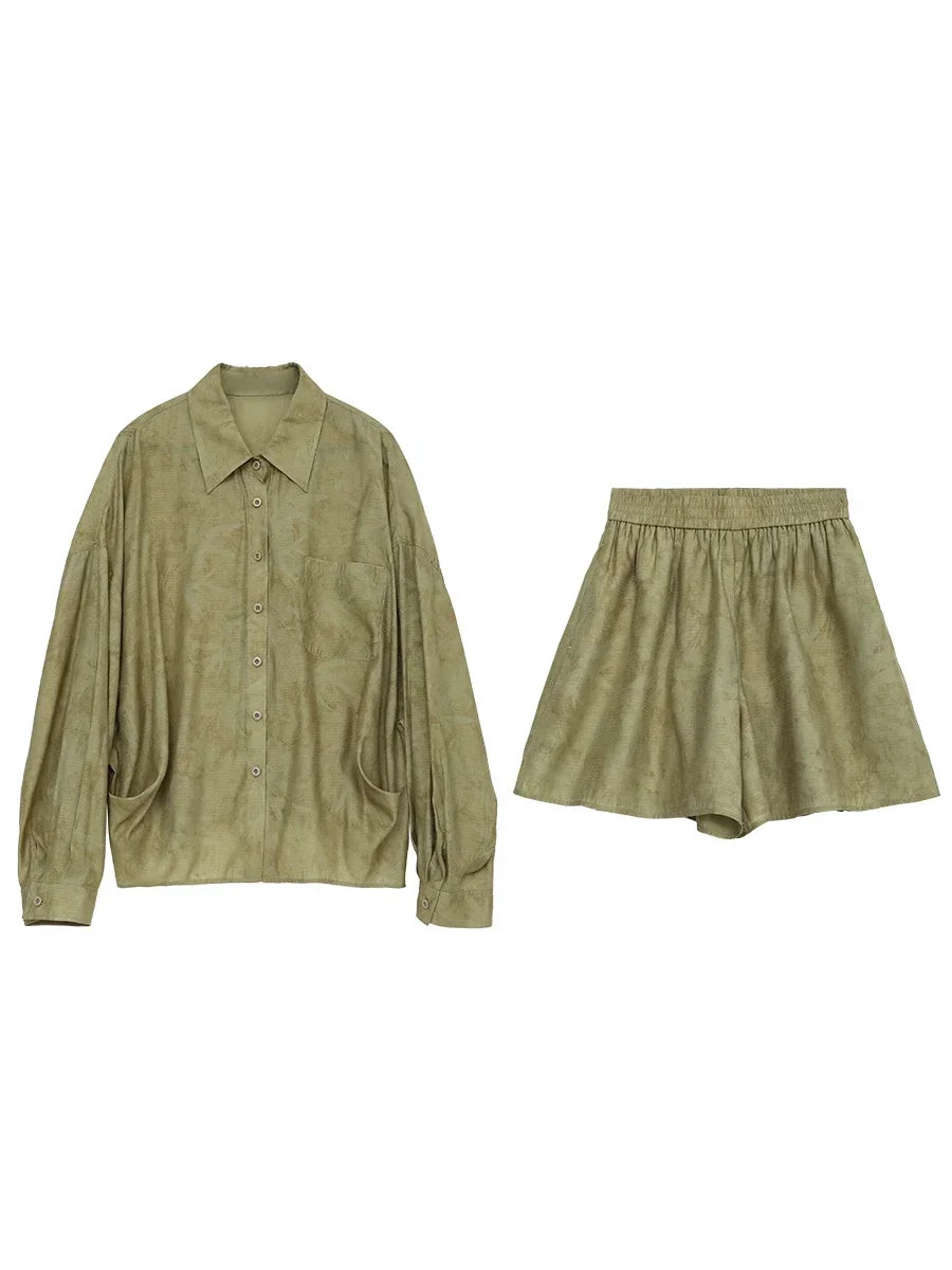 Relaxed Lapel Shirt & Shorts Set: Perfect Autumn Print