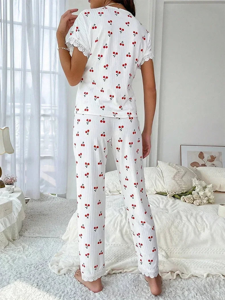 2-Piece Cherry Print Pajamas with Lace Trim.