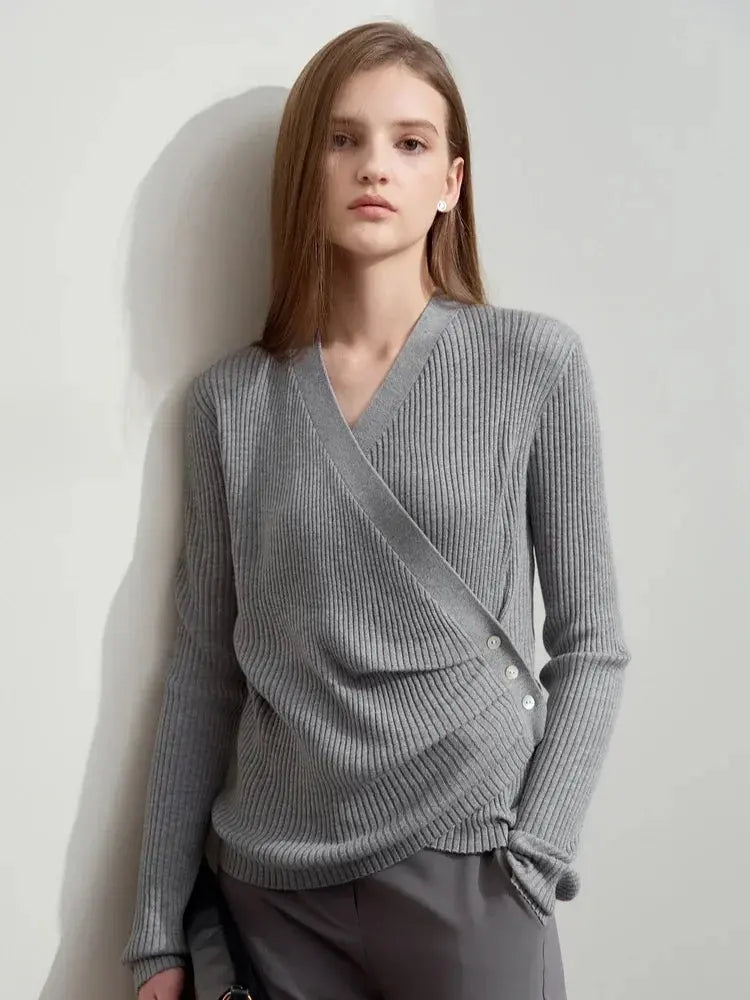 Women's V-Neck Knitted Sweater with Shell Buckle Detail - Loran