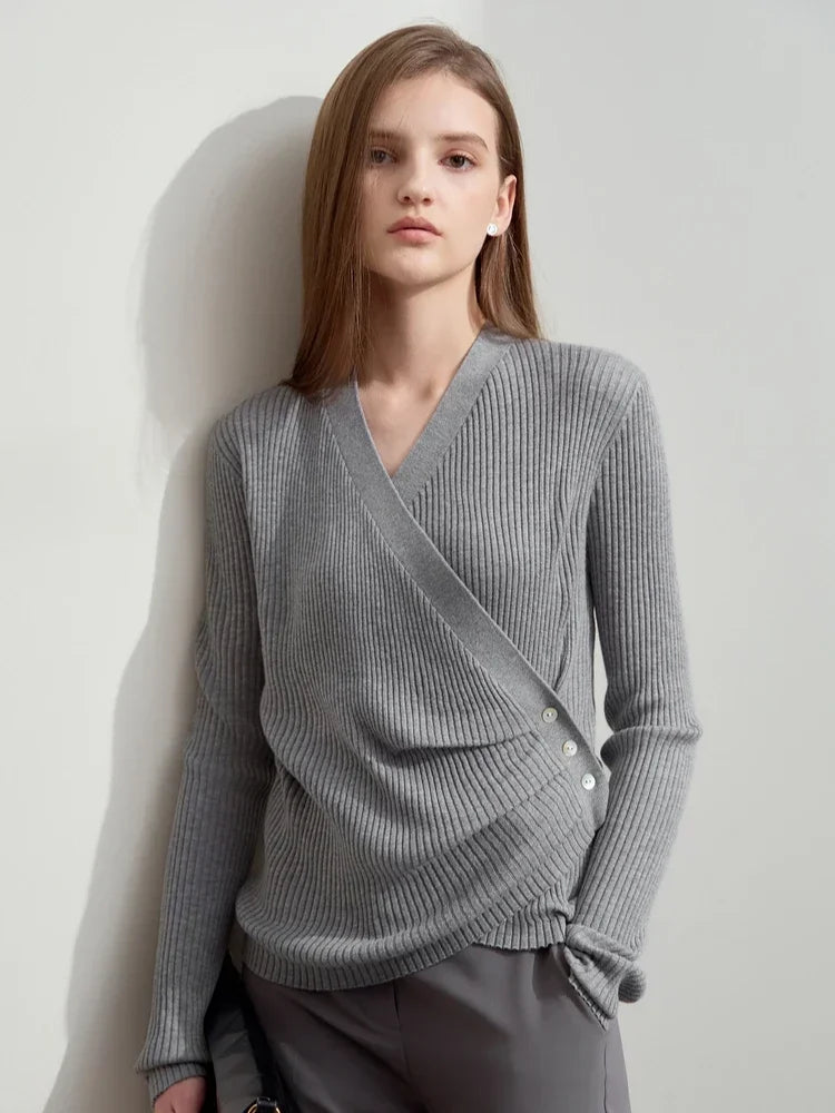 Women's V-Neck Knitted Sweater with Shell Buckle Detail